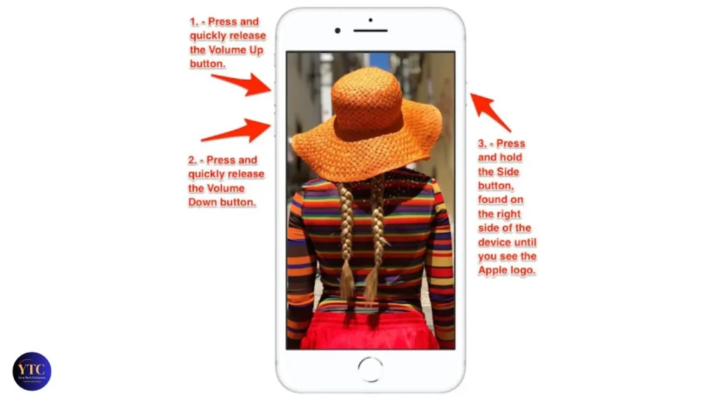 An iPhone screen displaying a photo of a person from behind, overlaid with numbered instructions: 1) press and release Volume Up, 2) press and release Volume Down, 3) press and hold the Side button until the Apple logo appears, illustrating the modern force-restart sequence for iPhones without a Home button.