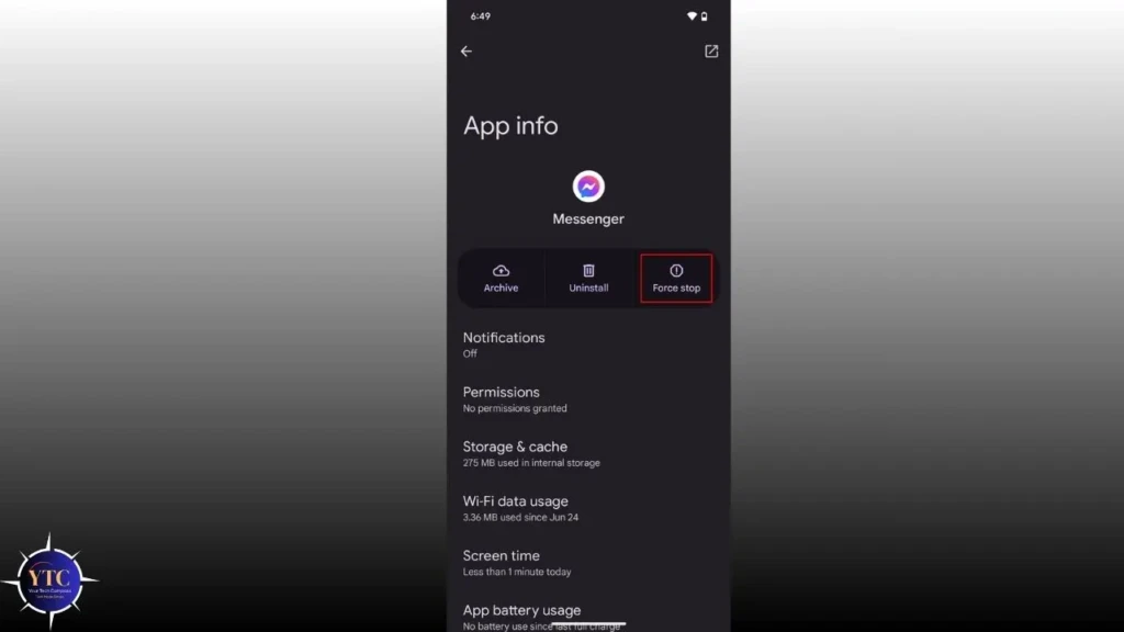 The Android “App info” screen for Messenger, with the “Force stop” button highlighted in red, alongside options for Archive, Uninstall, Notifications, Permissions, and Storage, illustrating a key step to resolve unresponsive or crashing apps.