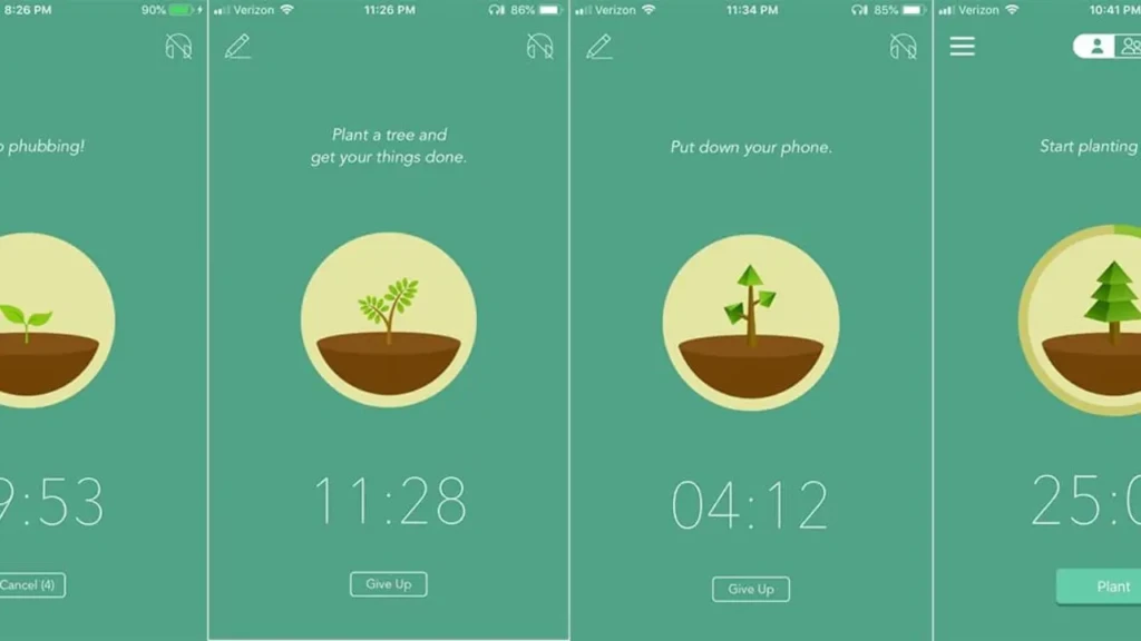 A four-panel sequence from the Forest app showing progressive tree growth (seedling → sapling → young tree → mature tree) alongside countdown timers (9:53, 11:28, 04:12, 25:00) and motivational prompts like “Plant a tree and get your things done,” illustrating the app’s focus-based Pomodoro-style productivity method.