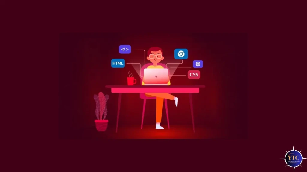 Illustration of a person at a desk using a laptop, surrounded by icons for HTML, CSS, and coding. The scene is bathed in a warm red glow.