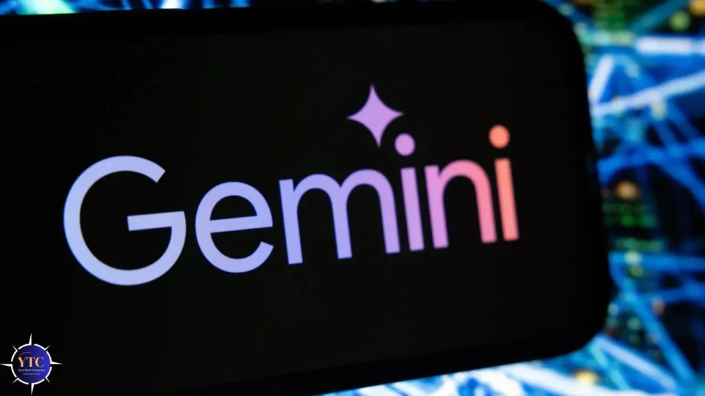 A smartphone screen displaying the “Gemini” logo in gradient purple-to-pink text with a sparkling star icon above the “i,” set against a dark background with a blurred blue circuit-patterned backdrop, highlighting Google’s AI assistant branding.