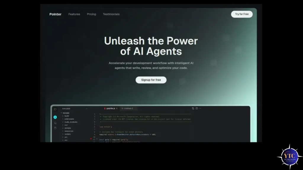 Alt text: "Website homepage featuring a dark gradient background with the text 'Unleash the Power of AI Agents' above a code editor interface. Buttons for 'Try for Free' and 'Signup for Free' are visible, conveying a tech-focused and promotional tone."