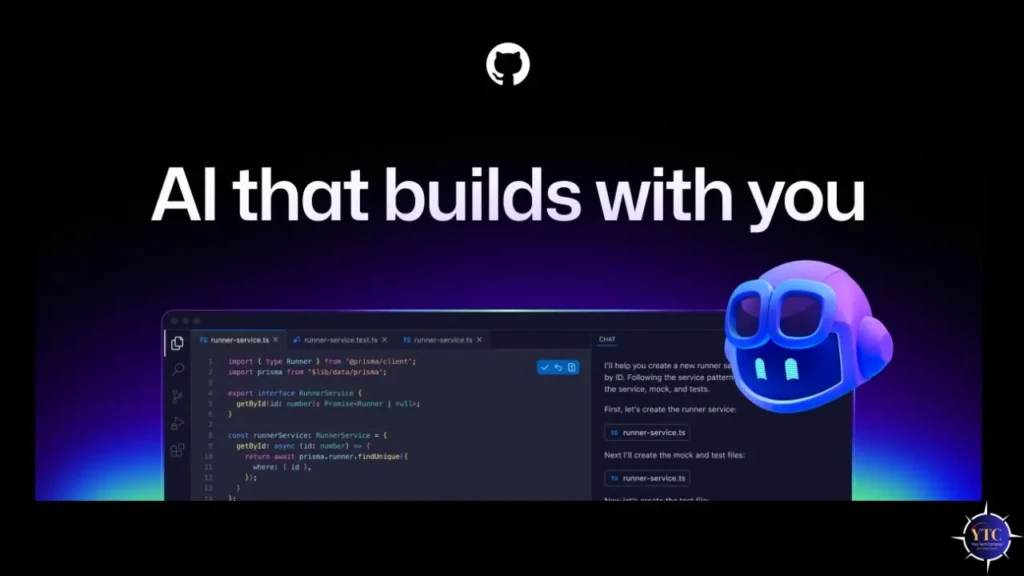 A promotional banner with the GitHub Octocat logo above the headline “AI that builds with you,” alongside a code editor and a friendly blue robot icon, emphasizing collaborative, human-in-the-loop AI development.