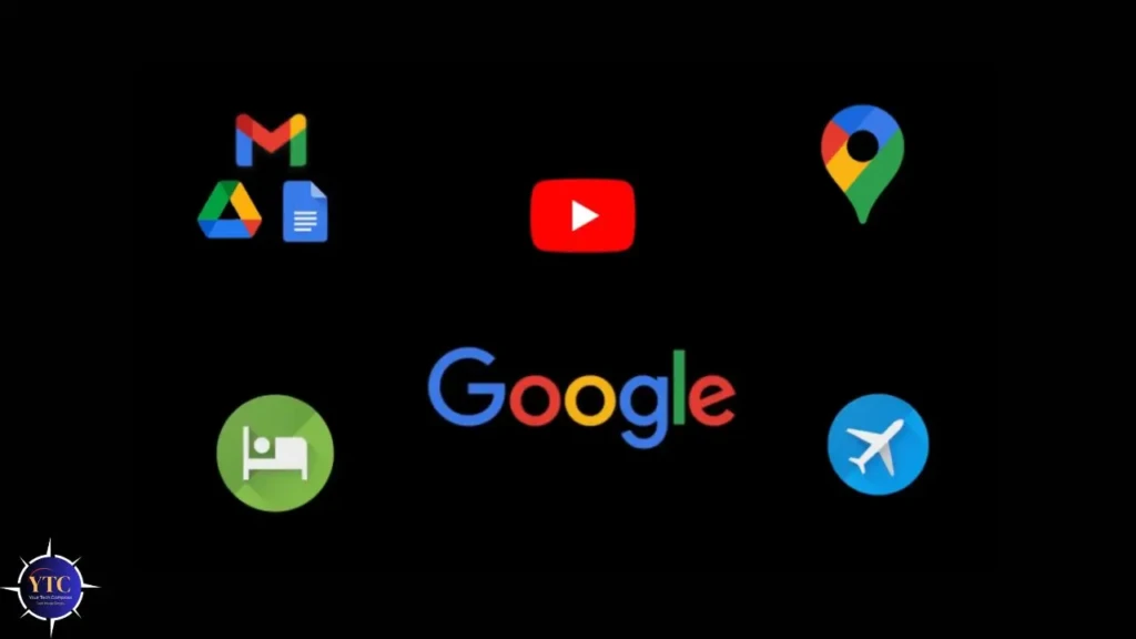 A black background displaying six Google product icons: Gmail, Drive, Docs (top left); YouTube (center top); Maps (top right); Hotel (green bed icon, bottom left); Google logo (center bottom); and Flights (airplane icon, bottom right), illustrating the ecosystem of services integrated with or enhanced by Gemini AI.