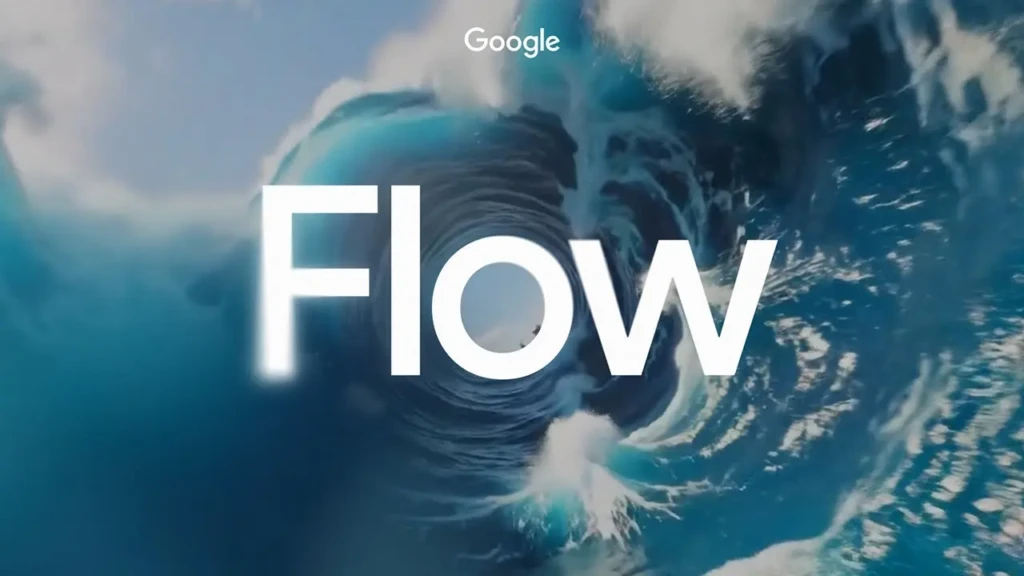 A dynamic aerial shot of a massive ocean wave curling inward, with the word “Flow” in large white letters centered over the vortex and the “Google” logo at the top, representing Google’s Flow generative AI model, evoking motion, fluidity, and scale.