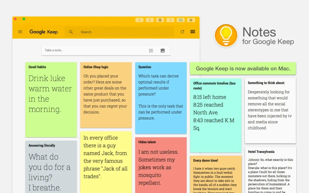 A screenshot of Google Keep featuring colorful notes about habits, questions, and thoughts, with a header indicating Mac availability.