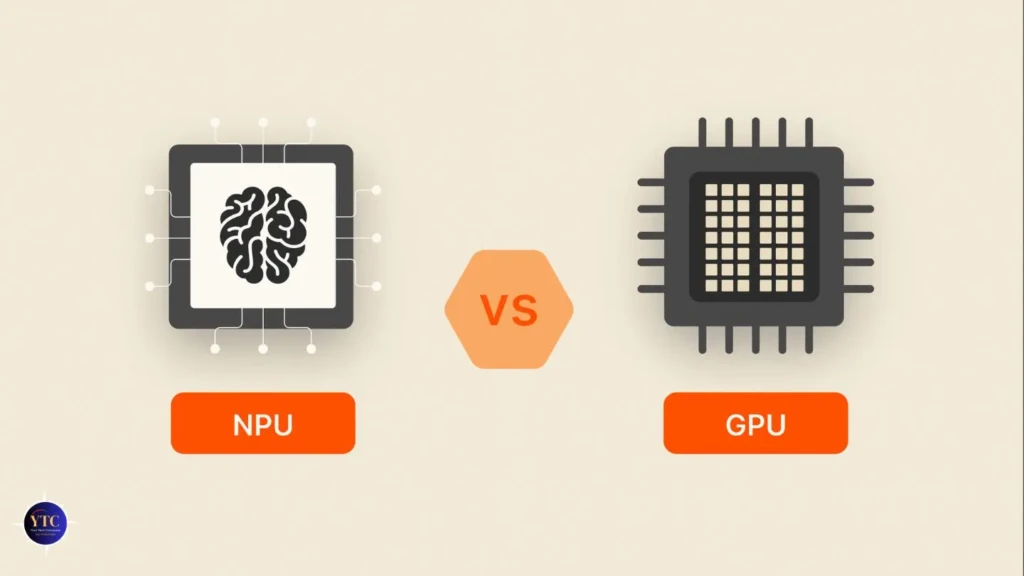 Illustration comparing NPU with a brain icon inside a chip and GPU with a grid pattern chip, labeled "NPU vs GPU."