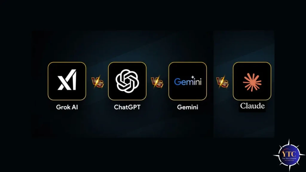 A comparative graphic showing four AI models in sequence: “Grok AI”PT” vs “Gemini” vs “Claude,” each in a rounded square with its logo and name, separated by glowing “VS” icons, visually framing a head-to-head benchmark or feature comparison among leading LLMs.