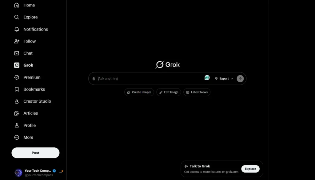 The Grok web interface with a dark theme, showing a left sidebar menu (Home, Explore, Chat, Premium, etc.), a central search bar labeled “Ask anything,” and action buttons for “Create Images,” “Edit Image,” and “Latest News,” illustrating its core conversational and generative capabilities.