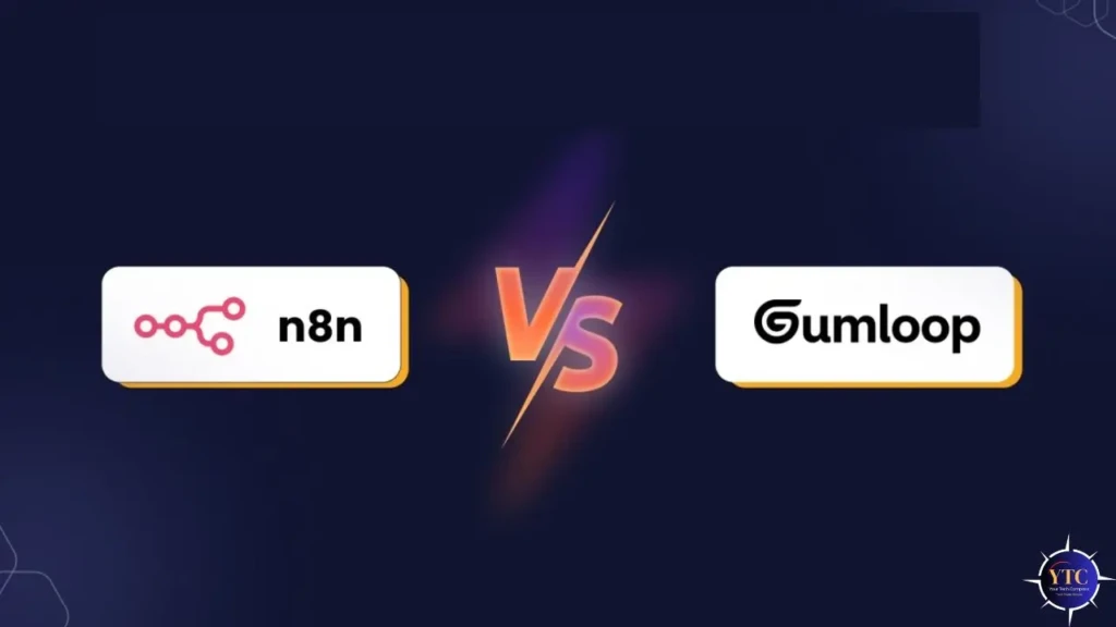 A head-to-head comparison graphic showing the n8n logo (pink node-chain icon) on the left and the Gumloop logo (black stylized “G”) on the right, separated by a glowing orange “VS” lightning bolt on a dark blue background, visually framing a competitive analysis between two workflow automation tools.
