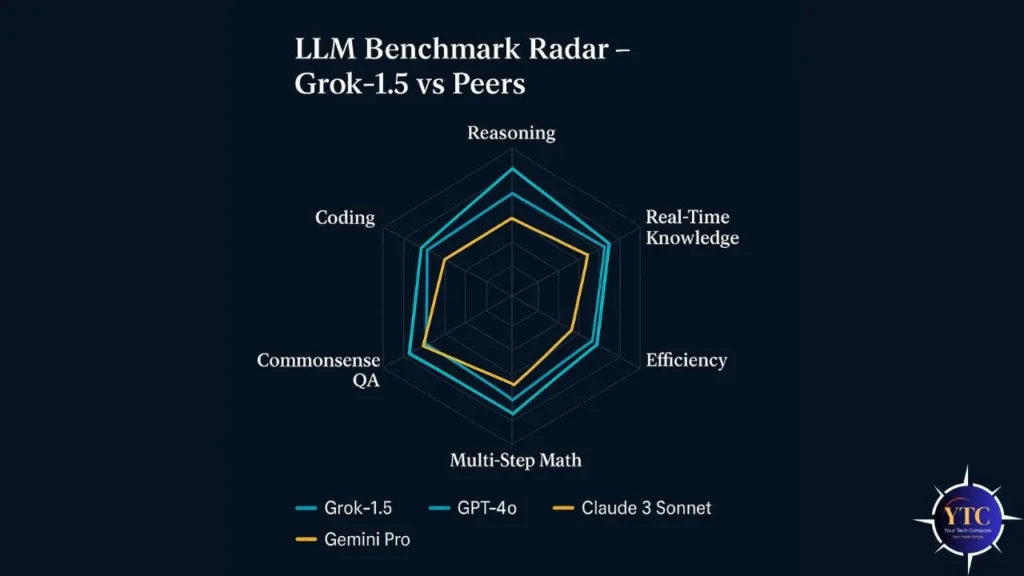 A radar chart titled “LLM Benchmark Radar – Grok-1.5 vs Peers,” comparing Grok-1.5 (teal), GPT-4o (blue), Claude 3 Sonnet (yellow), and Gemini Pro (orange) across six axes: Reasoning, Real-Time Knowledge, Efficiency, Multi-Step Math, Commonsense QA, and Coding, illustrating relative performance strengths and weaknesses.
