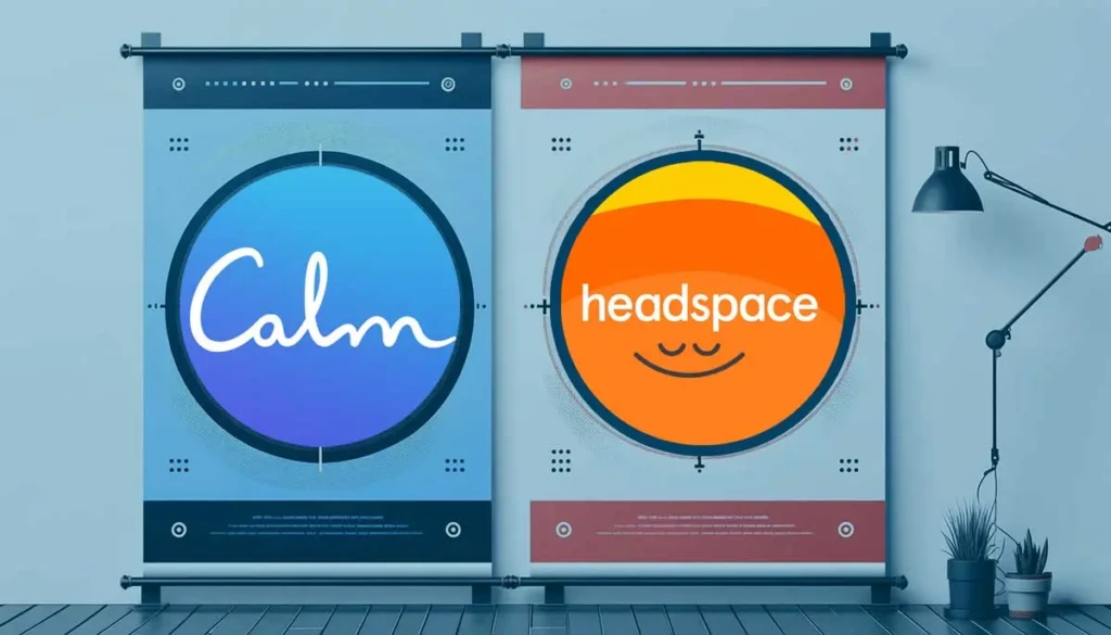 Two banners feature meditation app logos: Calm on a blue background and Headspace on an orange background. A stylish lamp and plants are nearby.