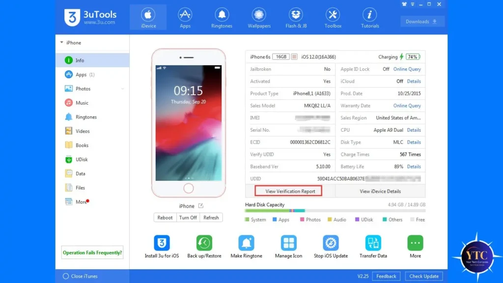 The 3uTools desktop interface showing device information for an iPhone 6s (iOS 12.0), including jailbreak status, activation, IMEI, ECID, battery life (89%), and storage breakdown, with a highlighted “View Verification Report” button, illustrating comprehensive iOS device diagnostics and management.