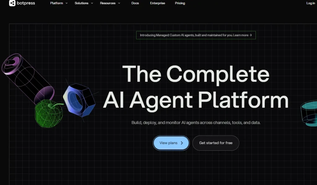 Alt text: "Website homepage with a dark grid background and 3D geometric shapes. Bold text reads 'The Complete AI Agent Platform'. Buttons for viewing plans and getting started."