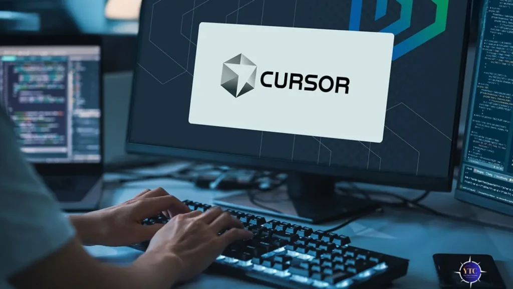 A developer’s hands typing on a backlit keyboard in front of dual monitors displaying code; the central monitor shows a large overlay of the “CURSOR” logo on a white card, illustrating real-world use of the Cursor AI tool in a professional coding environment.