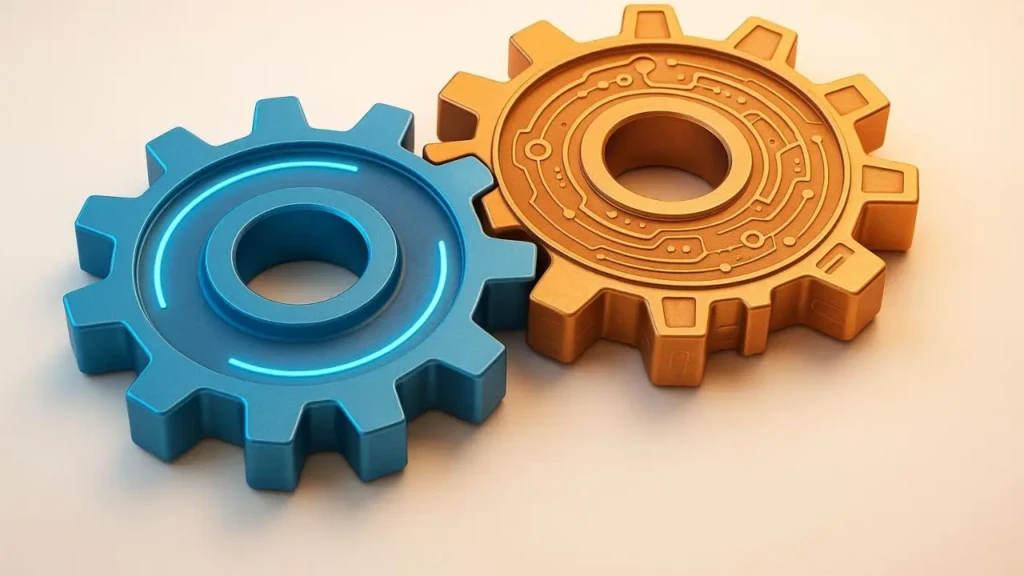 Two interlocking 3D gears, one blue with glowing cyan rings, the other gold with circuit-pattern engravings, on a light beige surface, representing synergy between technology (blue) and intelligence/process (gold) in automation or AI systems.