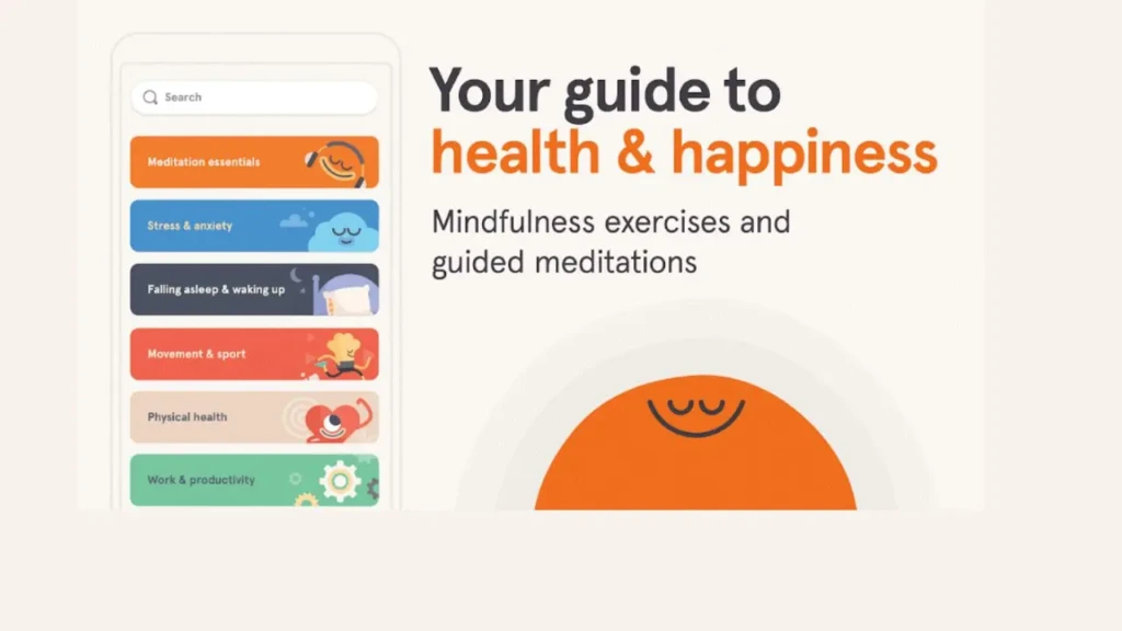 Digital illustration featuring a mobile app interface with categories like Meditation, Stress, and Physical Health. Text reads 'Your guide to health & happiness. Mindfulness exercises and guided meditations.' Bright, cheerful design with smiling icons.