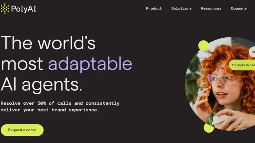 The PolyAI homepage header featuring the tagline “The world’s most adaptable AI agents,” a circular photo of a woman with curly red hair on a call, and speech bubbles showing a customer saying “I’m locked out of my account” and the AI replying “I’m sorry to hear that. Let’s get you back in.” illustrating conversational AI for customer support.