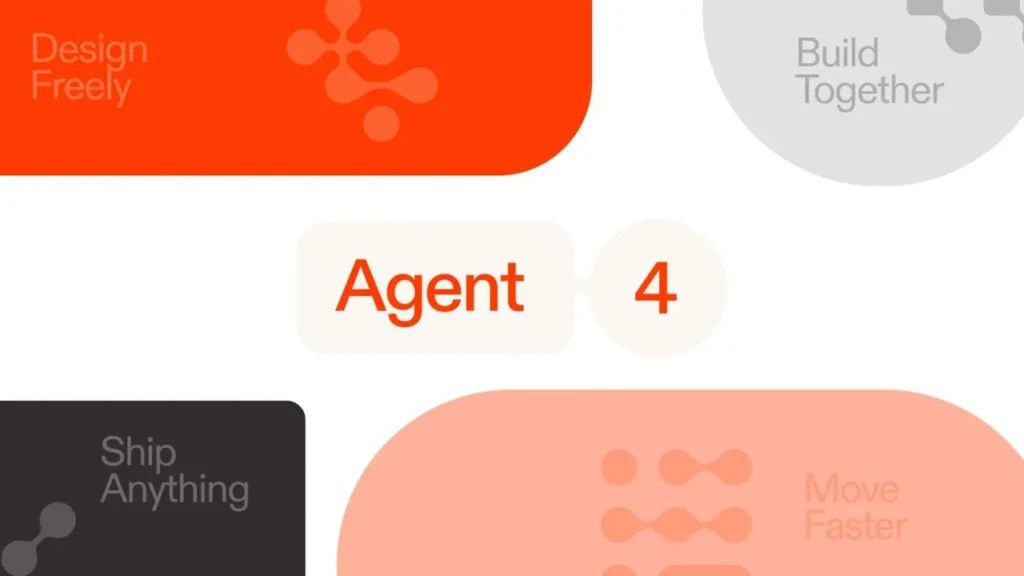 A modern graphic layout with overlapping colored shapes containing text: “Design Freely” (orange), “Build Together” (gray), “Ship Anything” (dark gray), and “Move Faster” (peach), centered around a white pill-shaped badge reading “Agent 4” in orange, highlighting core product values and an AI agent feature.