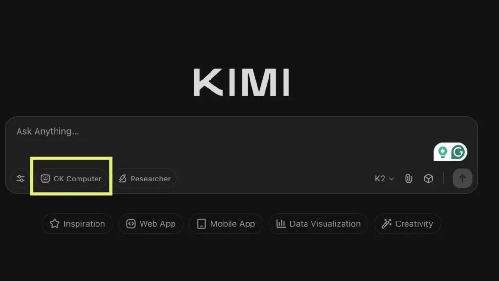 The KIMI AI interface showing a dark-themed search bar with “Ask Anything…” and a highlighted “OK Computer” button, alongside role tags like “Researcher,” category buttons (Inspiration, Web App, Mobile App, etc.), and the KIMI logo at the top, illustrating its conversational, multi-role AI assistant functionality.