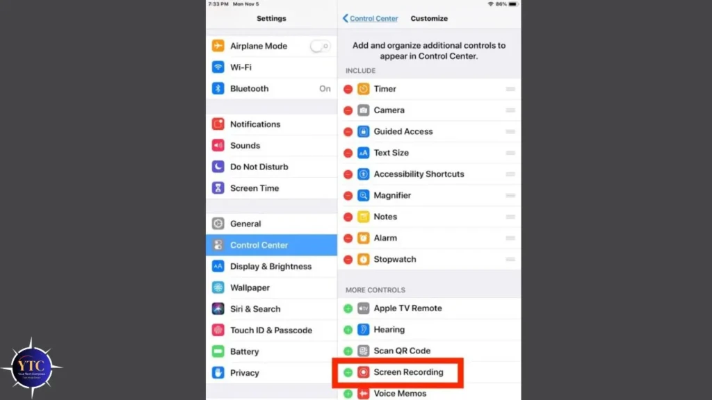 An iPhone Settings screen with “Control Center” selected, listing available controls; the “Screen Recording” option is highlighted in a red box at the bottom of the “MORE CONTROLS” section, demonstrating how to add screen recording to the Control Center.