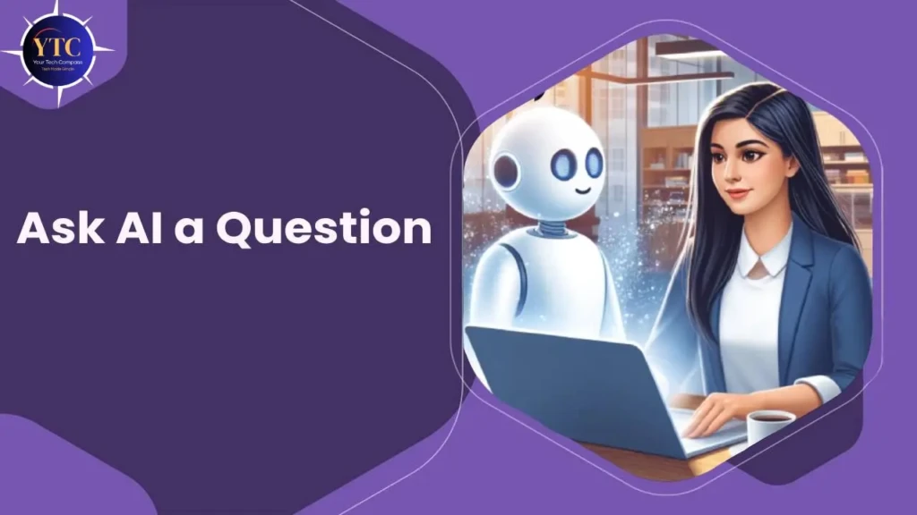 A split-panel graphic with “Ask AI a Question” in white text on a deep purple left side, and a right-side illustration of a woman in business attire collaborating with a friendly white robot at a laptop, framed by a hexagonal border, symbolizing human–AI interaction in professional settings.
