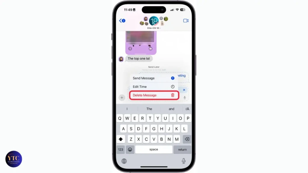 An iPhone screen showing an iMessage conversation with a long-press context menu open, highlighting the “Delete Message” option in red with a trash icon, illustrating how to remove a sent message in iOS Messages.