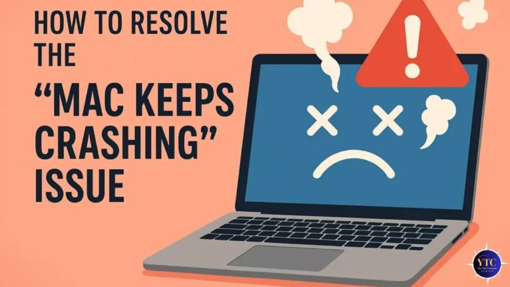 An illustrated tutorial header titled “HOW TO RESOLVE THE ‘MAC KEEPS CRASHING’ ISSUE,” featuring a cartoon laptop with a sad face, X’d-out eyes, steam vents, and a red warning triangle, visually conveying software instability and setting up a diagnostic or fix guide.
