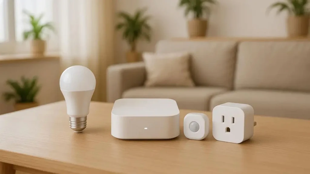 A minimalist arrangement on a wooden table featuring a smart LED bulb, a white hub device with a glowing indicator, a motion sensor, and a smart plug, set against a cozy living room backdrop, illustrating essential components of a starter smart home system.