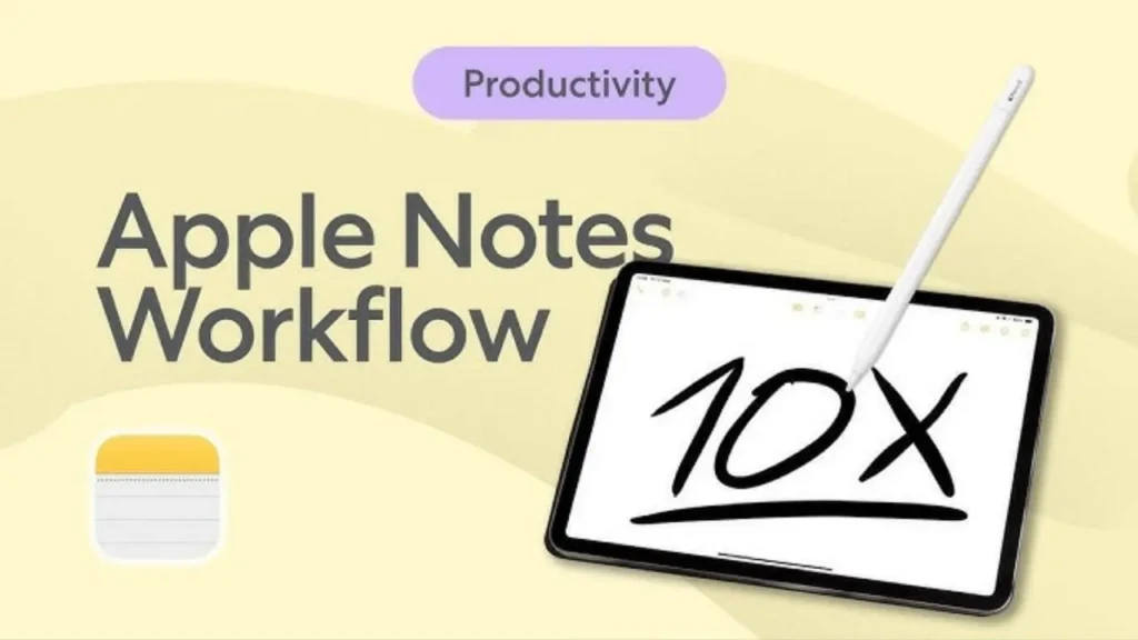 A promotional graphic titled “Productivity: Apple Notes Workflow,” featuring the Apple Notes app icon, a tablet displaying handwritten “10X” with an Apple Pencil resting on screen, and a soft yellow background, emphasizing enhanced productivity and handwriting integration in Apple’s note-taking ecosystem.