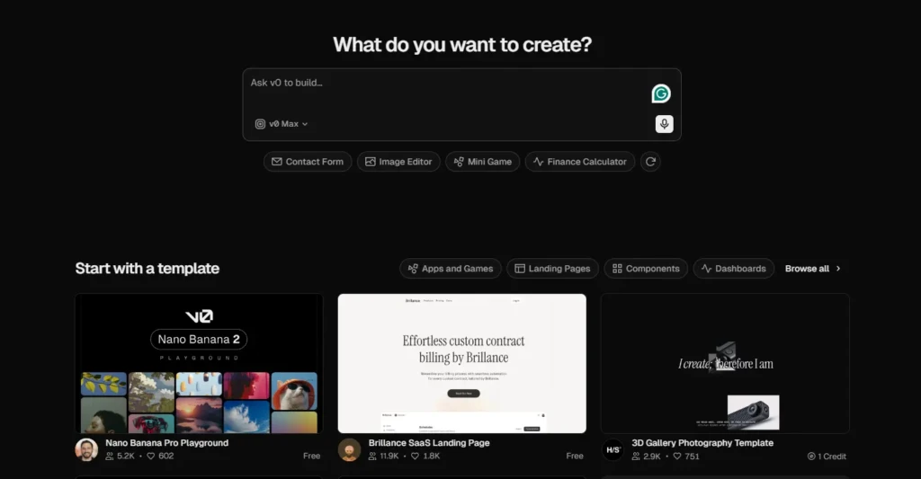 Alt text: "A creative platform interface with a search bar asking 'What do you want to create?' Options include 'Contact Form,' 'Image Editor,' 'Mini Game,' and 'Finance Calculator.' Below, template options like 'Nano Banana 2 Playground,' 'Brilliance SaaS Landing Page,' and '3D Gallery Photography Template' are displayed. The page has a dark theme with an organized layout."