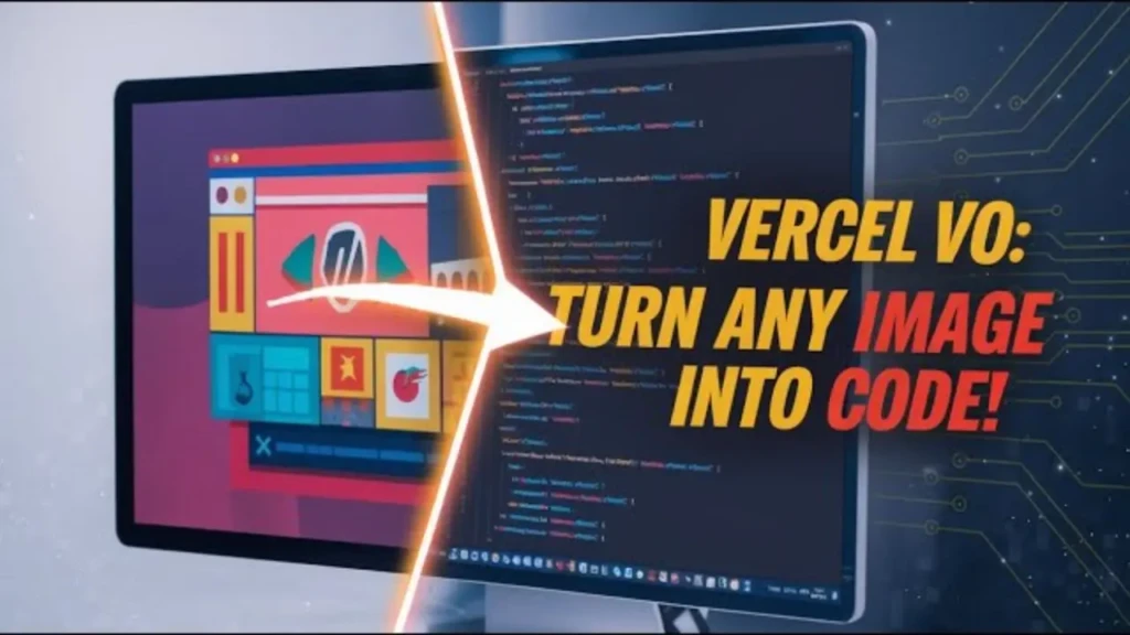 Split screen with graphic design software on one monitor and code on the other, featuring text: "Vercel VO: Turn any image into code!" Dynamic and tech-focused.