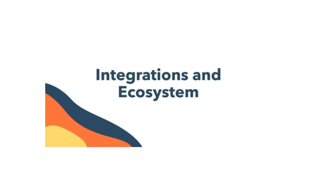 A clean title slide with the text “Integrations and Ecosystem” in dark blue sans-serif font, accompanied by an abstract wave-shaped graphic in navy, orange, and yellow on the lower left, signaling a section focused on app connectivity and platform compatibility.