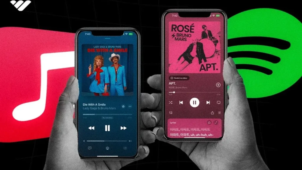 Two hands holding iPhones side by side: the left displays Apple Music playing “Die With A Smile” by Lady Gaga & Bruno Mars, while the right shows Spotify playing “APT.” by ROSÉ & Bruno Mars, with large Apple Music and Spotify logos in the background, illustrating simultaneous playback and UI differences across platforms.