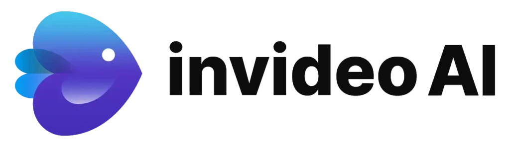 The InVideo AI logo with a stylized blue-to-purple gradient fish-like icon and the text “invideo AI” in dark gray lowercase letters on a black background, signifying an AI-enhanced video editing and content generation tool.