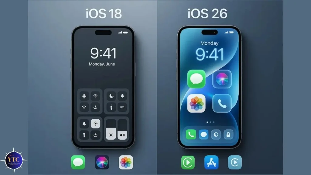 A side-by-side comparison of two iPhones labeled “iOS 18” (left) and “iOS 26” (right), showing differing home screen layouts: iOS 18 uses a compact Control Center grid, while iOS 26 displays app icons directly on the home screen, highlighting UI evolution across iOS versions.