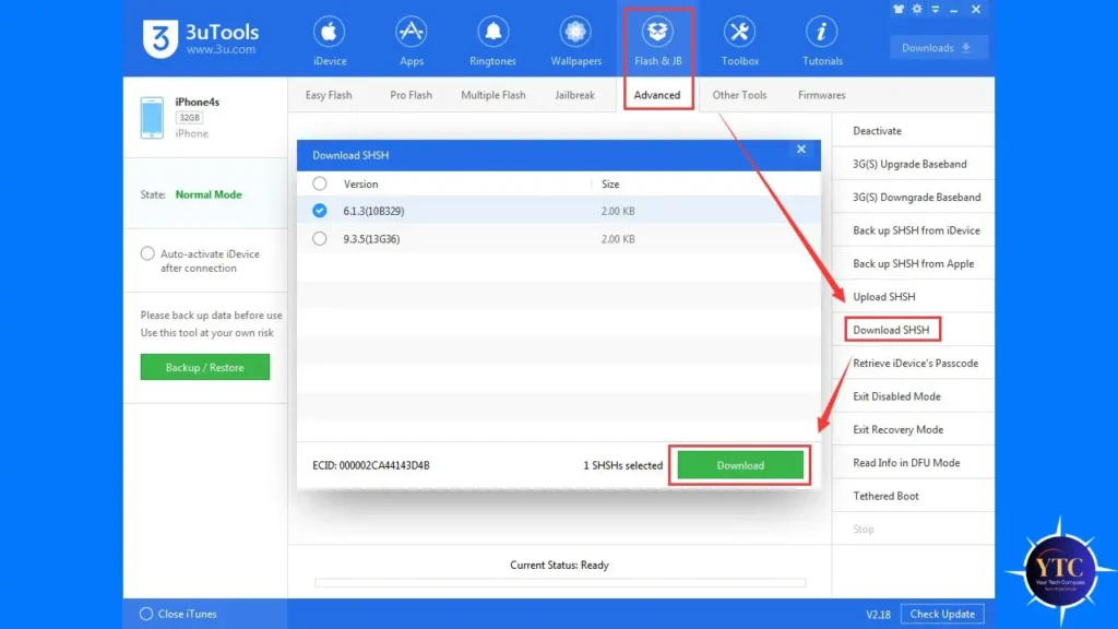 A screenshot of 3uTools’ “Flash & JB” > “Advanced” tab, displaying a “Download SHSH” dialog with version options (6.1.3 and 9.3.5) and a green “Download” button, alongside a red arrow pointing to the “Download SHSH” option in the right-hand menu, guiding users through SHSH blob preservation for iOS downgrades.