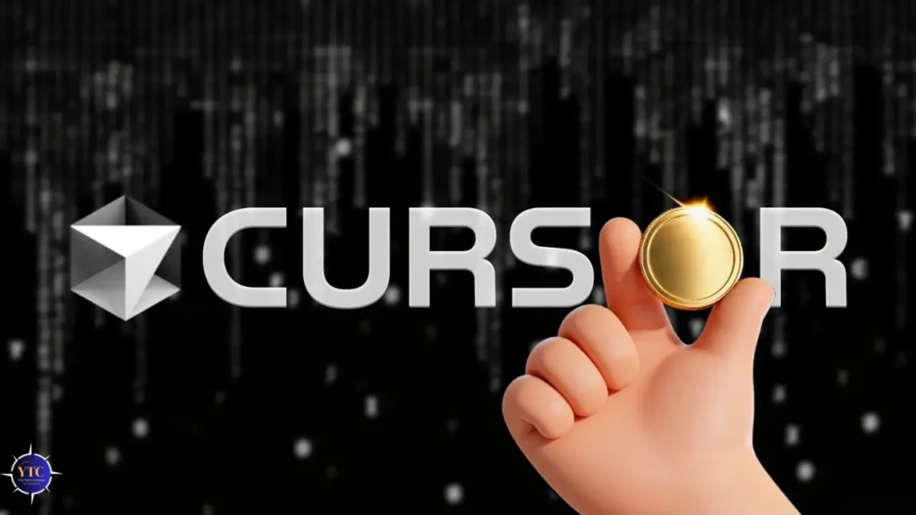 The Cursor logo (gray 3D cube) and wordmark “CURSOR” in bold white letters, with a stylized hand holding a gleaming gold coin in front of the letter “O,” set against a dark background with falling binary code, conveying value, innovation, and the premium nature of the AI coding platform.