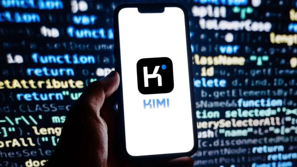 A hand holding a smartphone displaying the KIMI logo (black square with white “K” and blue dot) and the word “KIMI” below, set against a blurred background of glowing multicolored code, symbolizing KIMI’s role in developer-facing AI tools or coding assistance.