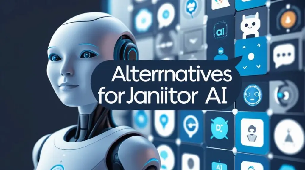 A stylized humanoid robot with blue accents stands beside a grid of AI-related app icons, overlaid with a dark banner reading “Alternatives for Janitor AI,” visually framing a discussion of competing AI chat or character-generation platforms.