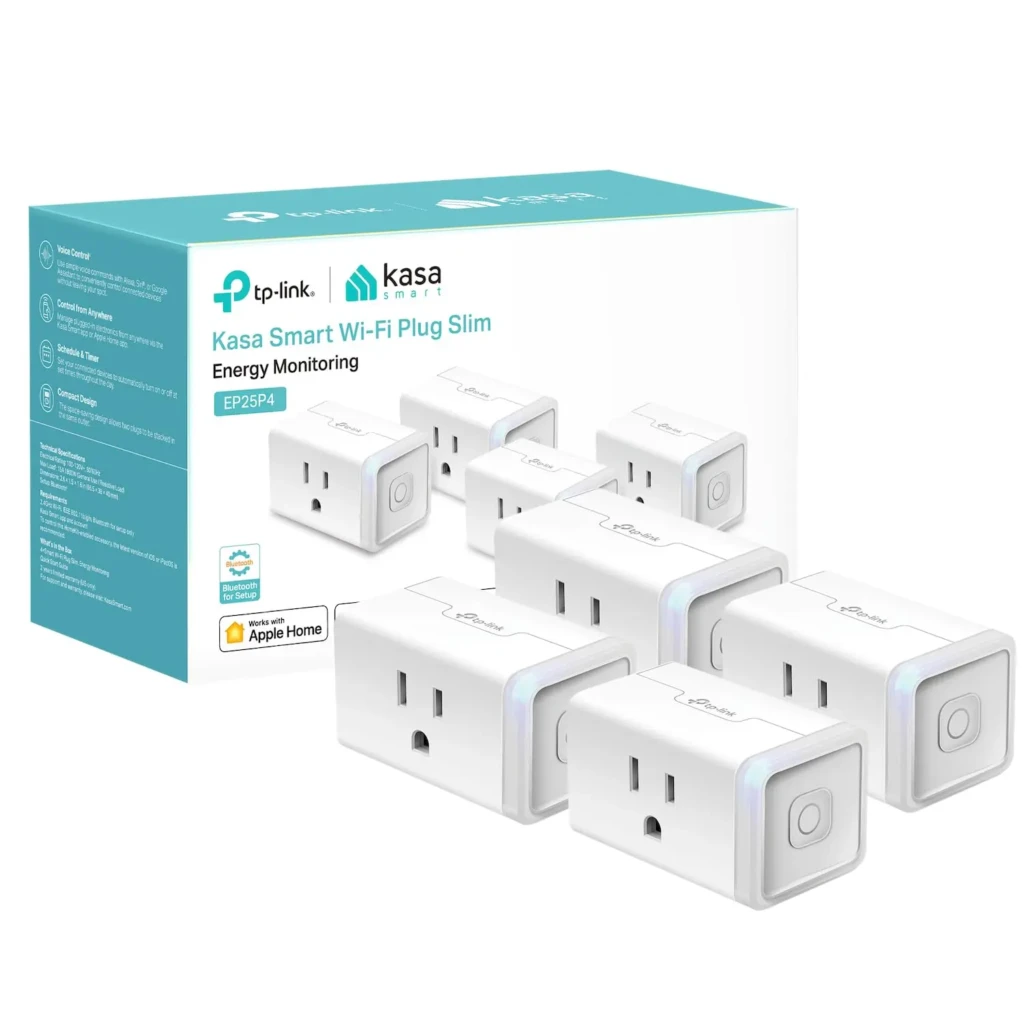 The retail box for TP-Link Kasa Smart Wi-Fi Plug Slim (EP25P4), featuring six white smart plugs arranged in front, with branding, “Energy Monitoring,” and “Works with Apple Home” badges, emphasizing compact design, multi-outlet compatibility, and ecosystem integration.