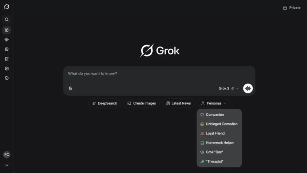 The Grok chat interface showing the prompt “What do you want to know?” and a dropdown menu for persona selection, including “Companion,” “Unhinged Comedian,” “Loyal Friend,” “Homework Helper,” “Grok ‘Doc’,” and “Therapist,” demonstrating its customizable AI personas for diverse user needs.