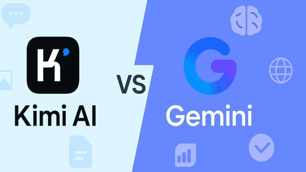 A split-screen comparison titled “Kimi AI vs Gemini,” with the Kimi logo and name on a light-blue left panel and the Google Gemini logo and name on a blue-right panel, accompanied by icons for chat, documents, brain, globe, and checkmark, visually framing a head-to-head evaluation of two large-language-model assistants.