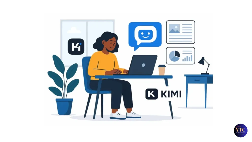 An illustration of a person using a laptop at a desk, surrounded by KIMI branding (logo and text), a speech bubble with a smiling bot icon, document and chart widgets, and a potted plant, depicting a productive, AI-assisted workflow in a modern office setting.