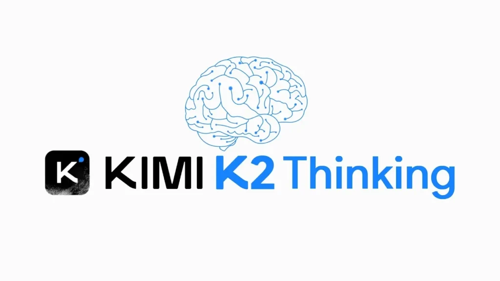 The branding for “KIMI K2 Thinking,” featuring the KIMI logo, bold text, and a line-art illustration of a human brain overlaid with circuit patterns, symbolizing advanced reasoning, cognitive modeling, and AI-powered thought processes.