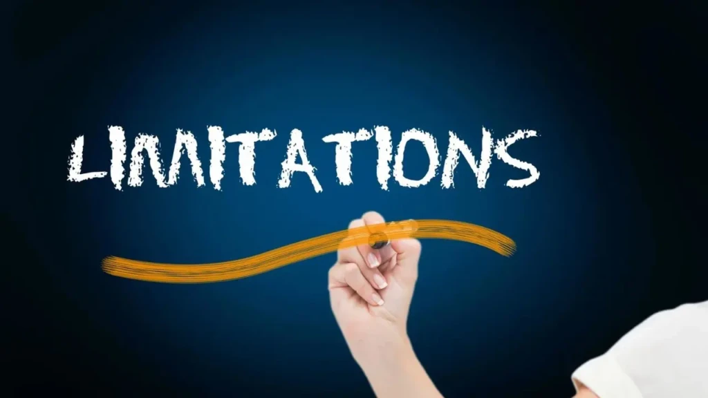 A hand writing the word “LIMITATIONS” in bold white brushstroke letters on a dark blue background, with an orange underline being drawn beneath it, visually introducing a section discussing constraints or caveats of a technology, likely in a presentation or educational context.