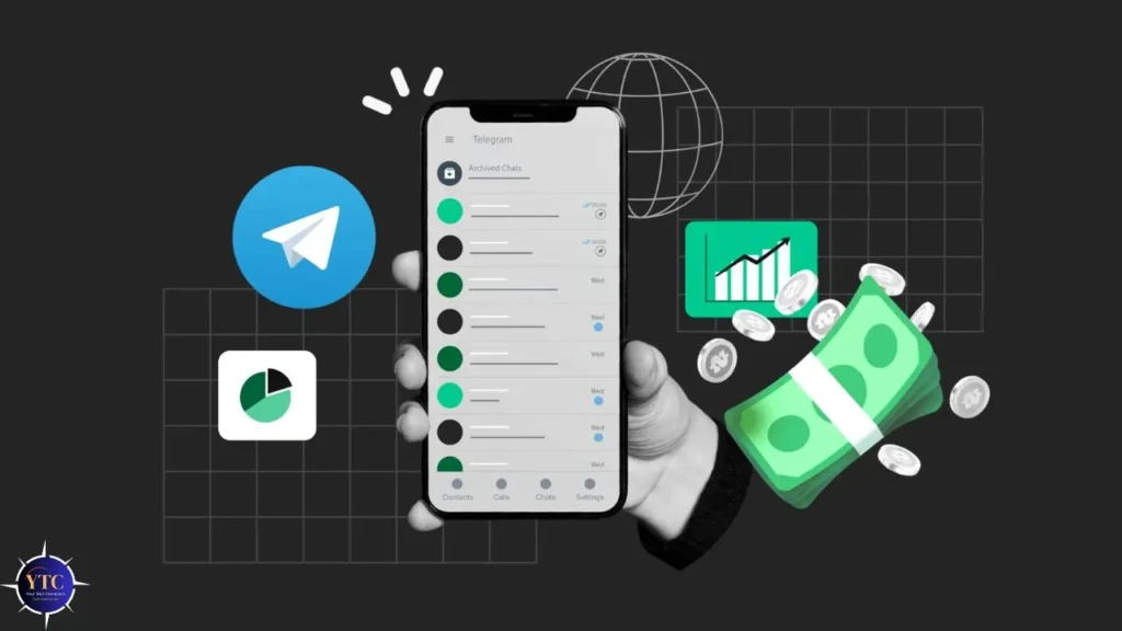 A hand holds a smartphone displaying Telegram chats. Surrounding it are the Telegram logo, pie chart, bar graph, cash, and coins, suggesting digital finance.