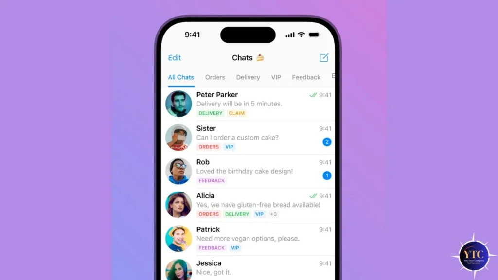 Smartphone screenshot showing a chat app with messages from contacts about orders and feedback. Vibrant profile icons against a purple background.