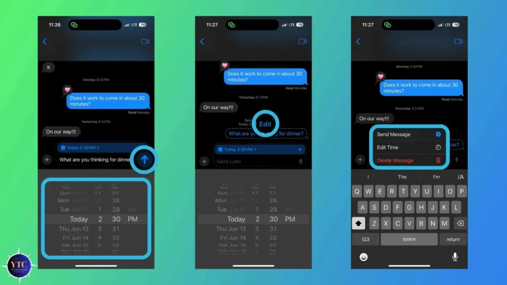 A three-step sequence showing iMessage scheduling: left, tapping the upward arrow to open scheduling; middle, selecting “Edit” to adjust time; right, choosing “Send Message” from the context menu with a calendar picker visible, guiding users through the manual scheduling workflow in Messages.