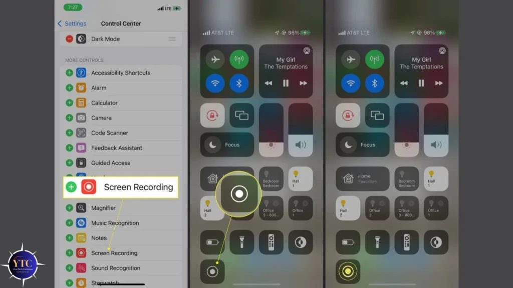 A split-screen view: left shows Settings > Control Center with “Screen Recording” highlighted in yellow; center and right show the Control Center interface with the screen recording button (a circle-in-circle icon) circled in yellow, guiding users to locate and activate screen recording from Control Center.
